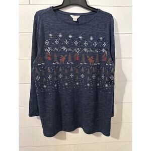 Cj Banks Navy Blue Christmas Sweater Women’s 1X Reindeer Cabin Cross Stitch